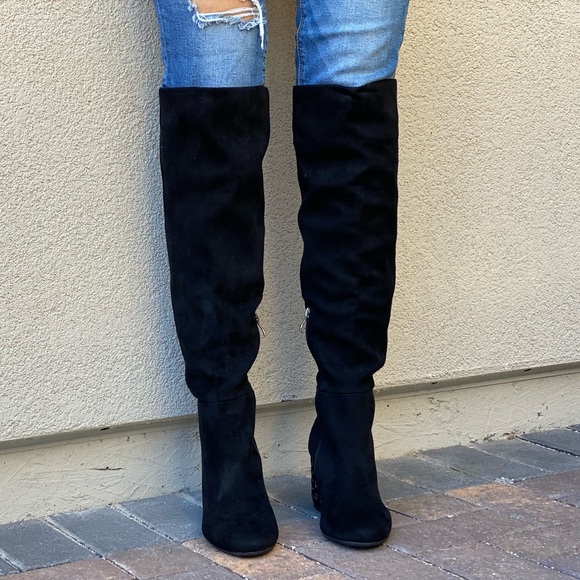 Black Studded Edgy Chunky Kitten Heel OTK Boots - Picture 3 of 8